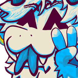 blue and white fluffy dragon anthro character, sticking their tongue out, smiling and giving a peace sign close to the camera