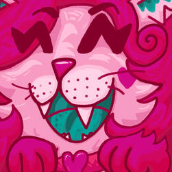 close up of a smiling face: a pink anthro cat girl with red curly hair, a blue tongue, cat-eye eyeliner smiles a giant smile at the viewer! shes curling her paws at the bottom of the screen. she has a pink fluffy collar with a shiny heart button on it! sh